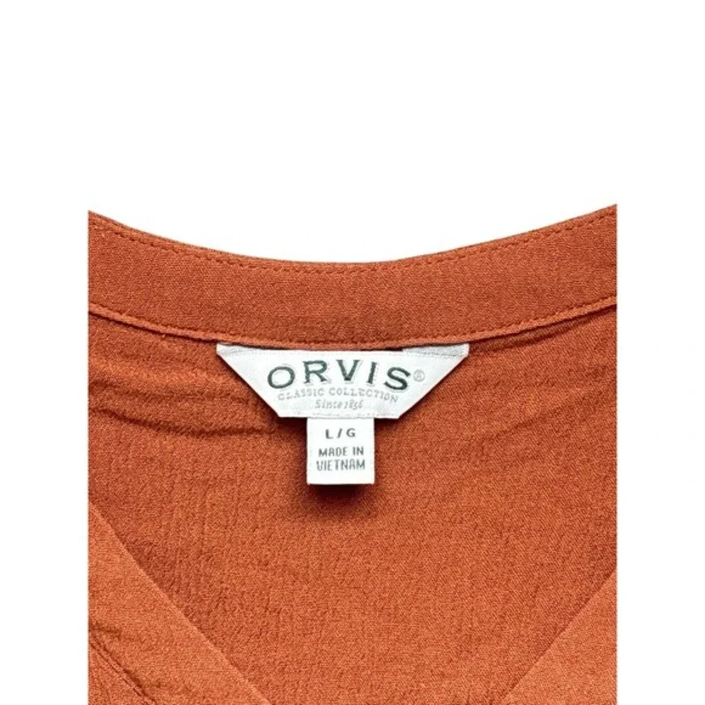 Orvis‎ Women's Large Burnt Orange Rust Woven Crinkle Crape Button Front Blouse - Picture 4 of 5